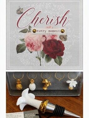 Cherish Wooden Sign & Tropical Wine Charms & Wine Bottle Topper Lot 🍁(3 Items)